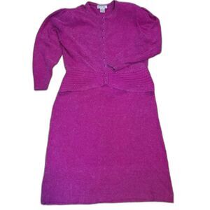 Vintage 80s Raoul XL Hot Pink Power Knit Silk Angora Sweater Skirt Set Hong Kong